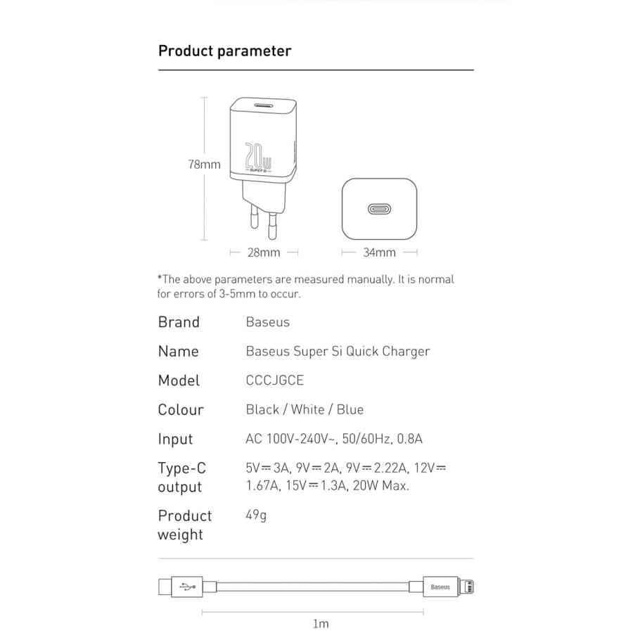 Gadget Store -BASEUS Super Si Type-C 20W Plug With Cable